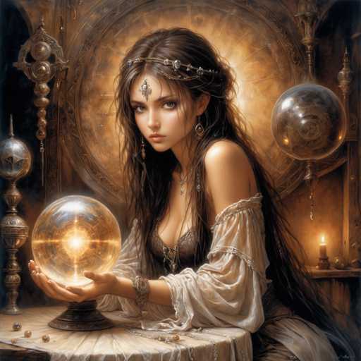 A woman with long dark hair is seated at a table, holding a crystal ball and gazing at it intently. She is wearing a white dress that contrasts with the warm tones of her surroundings. The background features an ornate wall adorned with gold and silver decorations, including a large circular design on the left side.