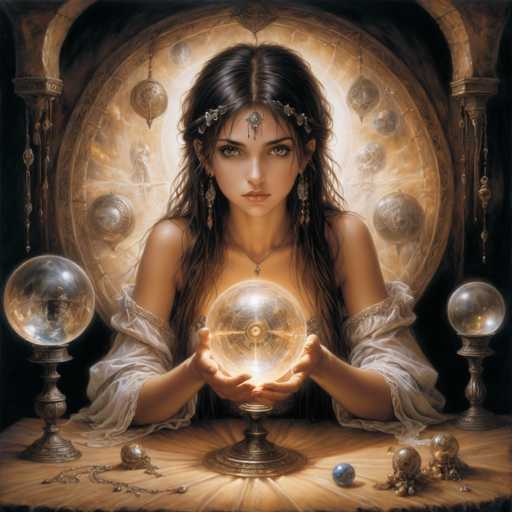 A woman with long dark hair is seated at a table covered with a white tablecloth and surrounded by various objects including crystal balls of different sizes and shapes. She holds a large crystal ball in her hands, which appears to be the focal point of the scene. The background features an archway adorned with intricate designs and decorations, adding depth and complexity to the overall composition.