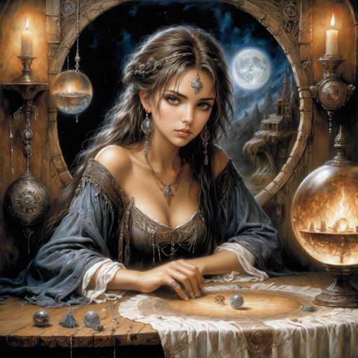A woman with long brown hair is seated at a table covered with a white tablecloth and surrounded by various objects including a crystal ball, candles, and a gold-colored vase. The background features a dark blue sky and a castle in the distance.
