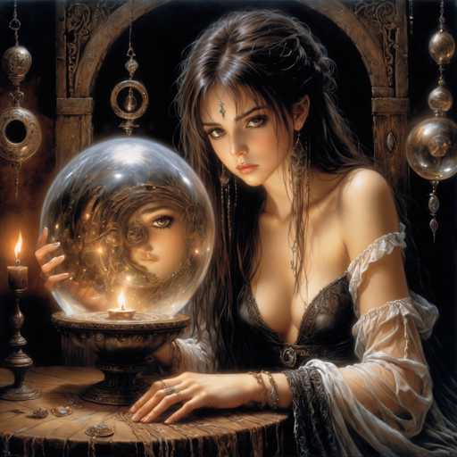 A woman with long dark hair is seated at a table holding a crystal ball and a candle. The crystal ball reflects the image of another woman inside it.
