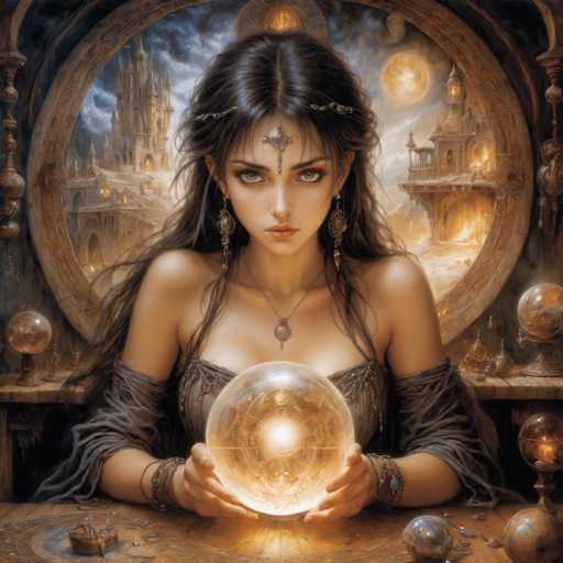 A woman with long dark hair is seated at a table, holding a crystal ball and gazing at it intently. The table is adorned with several other crystal balls of varying sizes and colors, suggesting an artistic or mystical theme to the scene.
