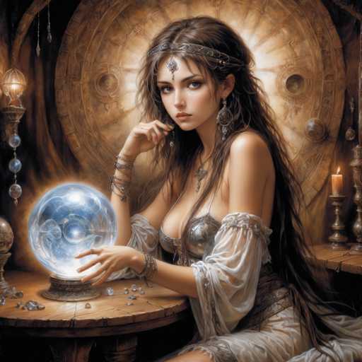 A woman with long brown hair is seated at a table, holding a crystal ball and surrounded by various objects including candles and a large metal plate.