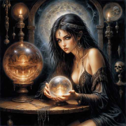 A woman with long dark hair is seated at a table, holding a crystal ball and gazing into it. The table also holds several other objects, including candles and skulls.