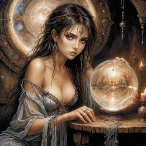 A woman with long dark hair is seated at a table holding a crystal ball and surrounded by candles. The background features an ornate window adorned with intricate designs.
