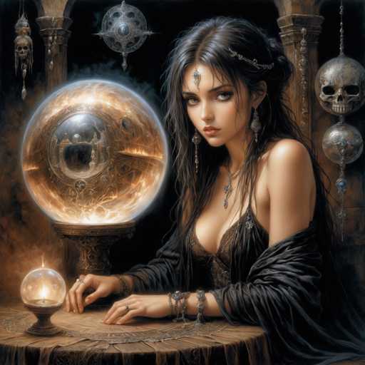 A woman with long dark hair is seated at a table, wearing a black dress and headpiece. She holds a crystal ball above her head, which is surrounded by various objects including skulls and other crystals. The background features a dark color scheme with a large mirror on the wall behind the woman.