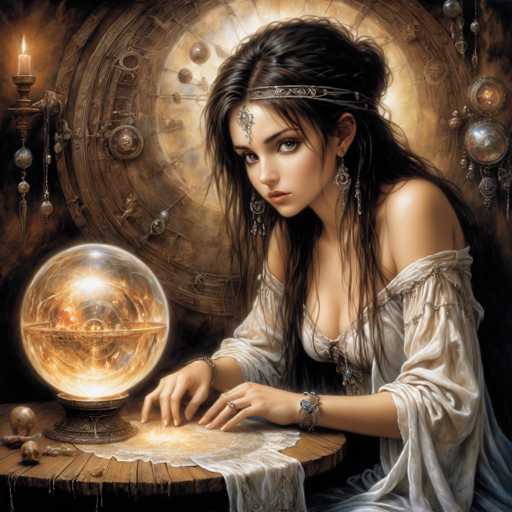 A woman with long dark hair is seated at a table, focused on a crystal ball that sits before her. She wears a white dress and a headband adorned with jewels. The background features an intricate metalwork design, adding to the overall artistic atmosphere of the scene.