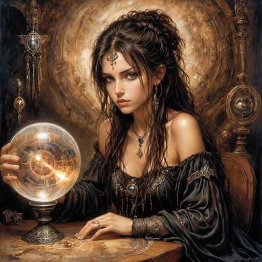 A woman with long dark hair is seated at a table, holding a crystal ball and gazing at it intently. She is wearing a black dress adorned with gold accents. The background features a large circular pattern in shades of brown and gold, along with several other objects scattered around the room.