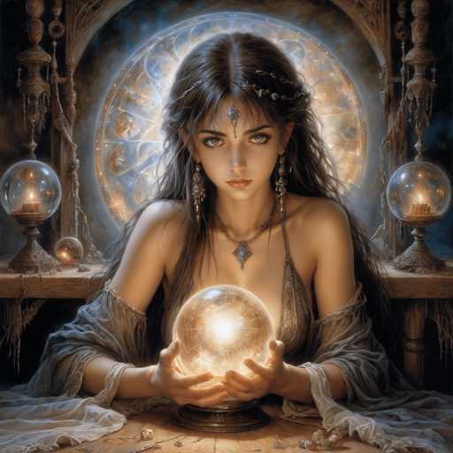 A woman with long dark hair is seated at a table, holding a crystal ball and gazing at it intently. The table is draped in a white cloth, and the background features an ornate window adorned with gold decorations.
