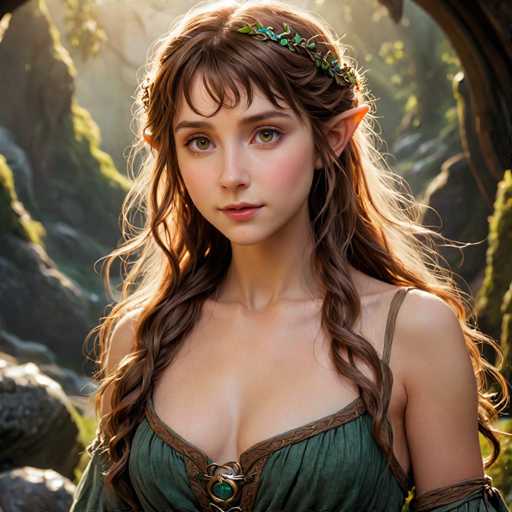 A young woman with long brown hair is the main subject of this image. She is wearing a green dress and has her hair styled in loose waves. The background features trees and rocks, creating an impression of being in a forest or natural setting.