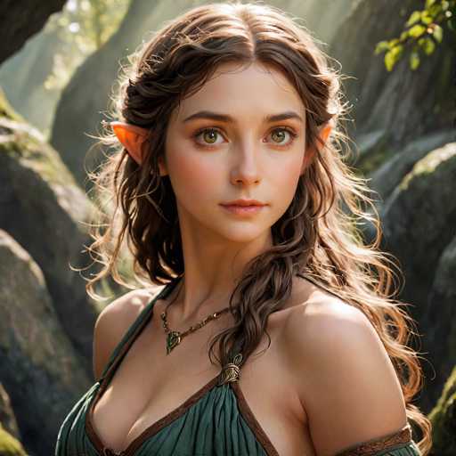 A woman with long brown hair and a green dress stands in front of a rocky cliff face, gazing off into the distance.