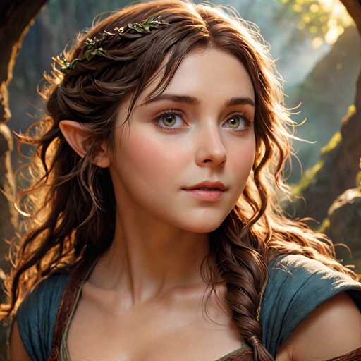 A young woman with long brown hair and a green headband stands against the backdrop of a forested area, wearing a blue dress that matches her hair color.