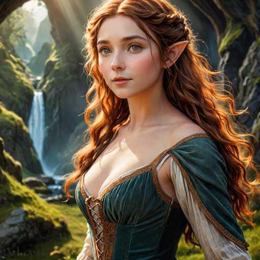 A young woman with long red hair and a green dress stands in front of a waterfall, her gaze directed towards the camera. The waterfall is surrounded by lush greenery, creating a serene and picturesque setting.