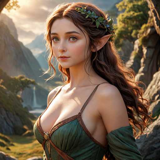 A young woman with long brown hair is standing in a lush green forest surrounded by trees and mountains. She is wearing a green dress that has a gold emblem on the chest area. The woman's face features a serious expression as she gazes into the distance.