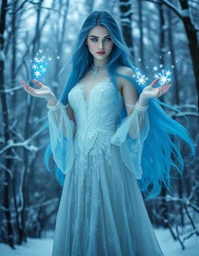 A woman with long blue hair is standing in a snowy forest surrounded by trees and snowflakes falling from the sky. She is wearing a white dress that contrasts with her vibrant blue hair. The woman's hands are raised to her face as if she is about to make a wish or communicate something important, but the exact message cannot be discerned without more context.
