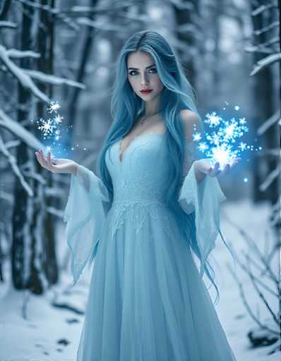 A woman with long blue hair stands in a snowy forest, holding a bunch of snowflakes and wearing a blue dress that matches the color of her hair.