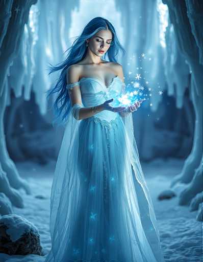 A woman with long blue hair is standing in a snowy forest, holding a crystal ball that is filled with small white stars and glowing with a blue light.