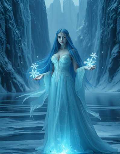 A woman with long blue hair stands on a frozen lake, holding two snowflakes and wearing a blue dress that flows around her as she moves across the icy surface. The background features a snowy mountain range under a clear sky.