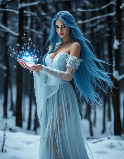 A woman with long blue hair is standing in a snowy forest, holding a crystal ball that is emitting a bright light. She is wearing a white dress and has her arms outstretched as she looks towards the camera.
