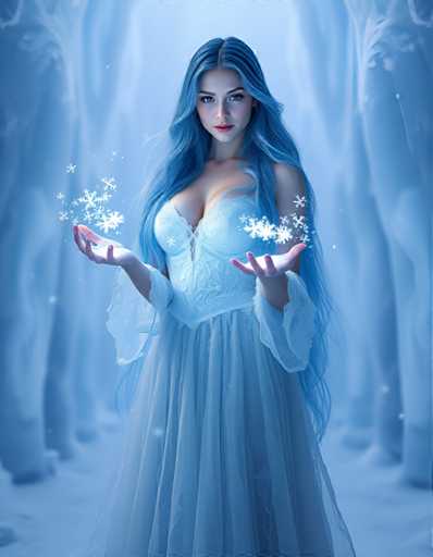 A woman with long blue hair is standing in a snowy forest, holding up two snowflakes that appear to be floating in the air around her. She is wearing a white dress and has a serious expression on her face as she looks directly at the camera.