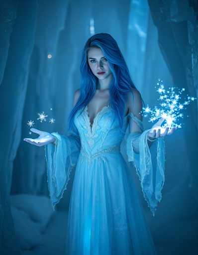 A woman with long blue hair stands in a cave-like setting, holding a bunch of stars and glowing with a radiant light from her hands. She is wearing a white dress adorned with gold accents that sparkles under the glow of the stars. The background features a dark blue sky and trees, creating an ethereal atmosphere.