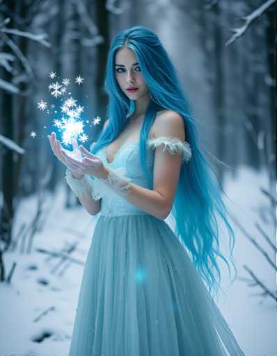 A woman with long blue hair is standing in a snowy forest, holding a star-shaped object that appears to be made of snowflakes and glowing with a blue light.