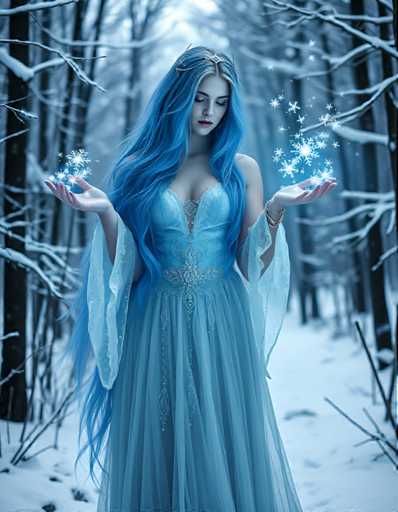 A woman with long blue hair wearing a blue dress stands in a snowy forest surrounded by trees and snowflakes falling from the sky.