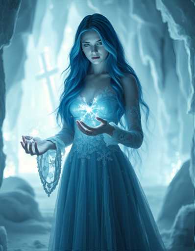 A woman with long blue hair is standing in a cave-like setting, holding a crystal ball that emits a bright light. She is wearing a white dress and has a necklace around her neck. The background features large ice formations and a cross on the wall of the cave.
