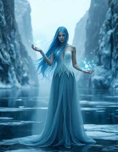A woman with blue hair stands on a frozen lake, holding a handful of white stars and wearing a long blue dress that flows down to her ankles. The background features a rocky cliff face covered in snow, creating an otherworldly atmosphere.