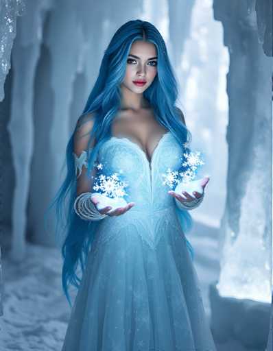 A woman with long blue hair is standing in a cave-like setting, holding up two snowflakes that appear to be glowing with an ethereal light. She is wearing a white dress and has her arms outstretched as if she's about to catch the snowflakes or perhaps just admiring their beauty. The background of the image features large ice formations, adding to the overall icy atmosphere of the scene.