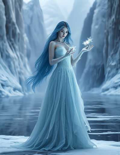 A woman with long blue hair is standing on a frozen lake, holding two snowflakes in her hands and looking out at the surrounding snowy landscape.