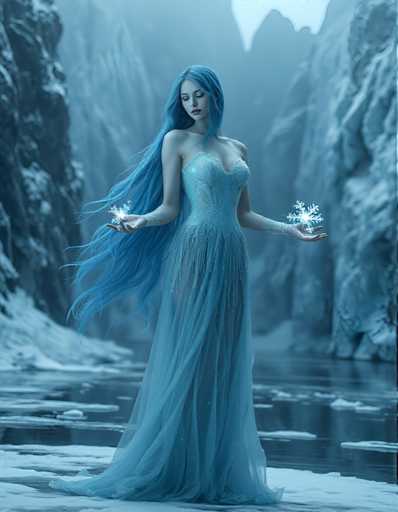 A woman with long blue hair stands on a frozen river, holding two snowflakes in her hands and wearing a blue dress that flows down to the water's edge. The background features a rocky cliff face covered in snow, creating an ethereal winter landscape.