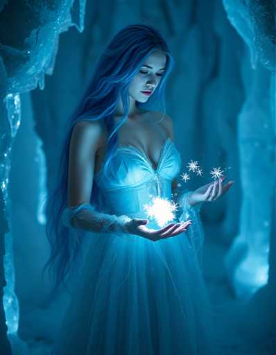 A woman with long blue hair is standing in a cave filled with ice and snow. She is wearing a white dress that contrasts with the icy surroundings. The woman holds a small crystal ball in her hands, which emits a bright light.
