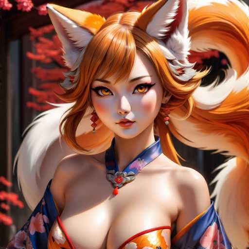 The image shows a close-up portrait of a woman with striking red hair and an orange fox tail. She is wearing a blue dress adorned with white flowers that contrasts beautifully against her fiery hair color. The background features a vibrant red wall, which complements the woman's attire and adds depth to the scene.