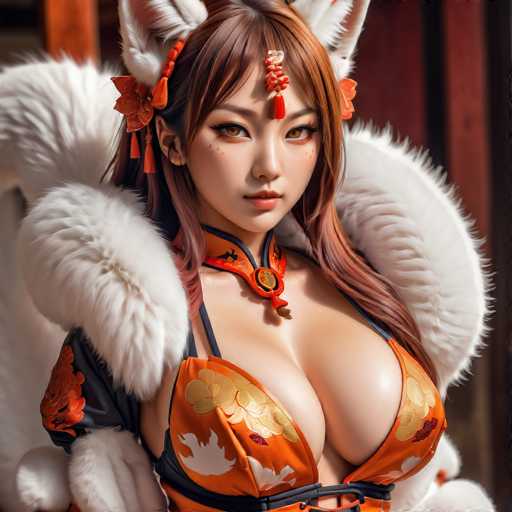 The image shows a woman with long brown hair wearing an orange and black outfit that includes a headpiece adorned with flowers and a necklace featuring a large pendant. The background is blurred, but it appears to be a room or building with a wooden door visible in the distance.