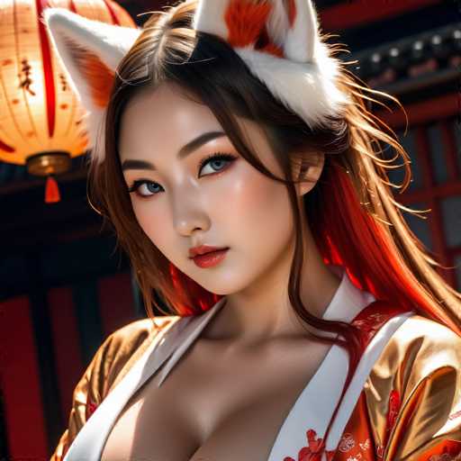 The image shows a woman with long brown hair wearing an orange and white kimono. She is also wearing a pair of cat ears on her head as part of the outfit. The background features traditional Chinese lanterns hanging from the ceiling, creating a warm and culturally rich atmosphere.