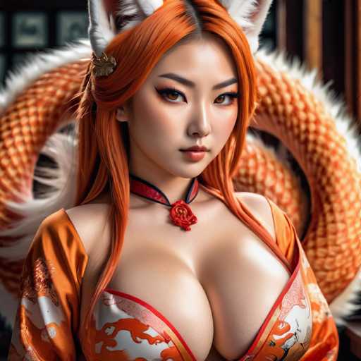 The image shows a woman with long red hair wearing an orange and white dress that has a dragon design on it. She is also wearing a necklace with a large pendant featuring a red flower. The background of the image features a dragon tail, which adds to the overall theme of the scene.