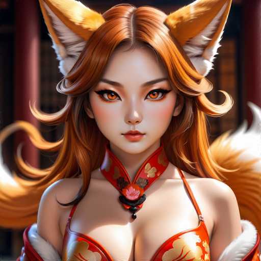 The image shows a close-up portrait of a woman with long red hair and striking orange eyes. She is wearing a traditional Chinese outfit that includes a red dress adorned with gold accents and a matching headpiece featuring a large flower design at the center. The background features a traditional Chinese building, suggesting an Asian cultural context for the artwork.