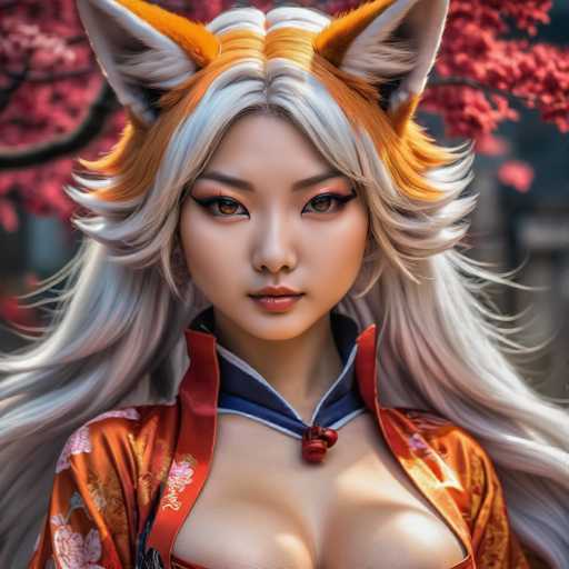 The image shows a close-up portrait of a woman with long blonde hair and striking red eyes. She is wearing an orange kimono that has white floral patterns on it. The background features a tree with pink flowers, suggesting the photo was taken in a garden or park setting.