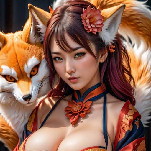 The image shows a woman with long red hair wearing an orange and blue dress adorned with gold accents. She is positioned against a black background, which contrasts with her vibrant attire. A large, orange fox with white ears and tail is also present in the scene. The fox appears to be looking directly at the camera, creating a sense of connection between the woman and the animal.