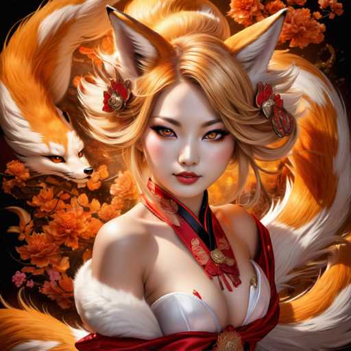 The image depicts a woman with blonde hair and red hair adorned with gold earrings and a red headband. She is wearing a white dress that contrasts with her fiery red hair. The background features orange flowers and a fox's tail, creating an autumnal atmosphere.
