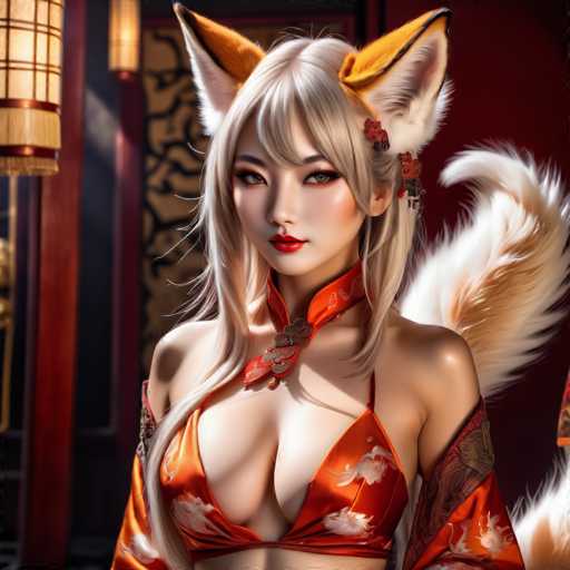 The image shows a woman with blonde hair wearing an orange and red outfit that includes a top and skirt. She is also wearing a large earring on her left ear and a necklace around her neck. The background features a red wall with gold accents, which complements the colors of her outfit.