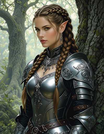A woman with long brown hair and a silver armor suit stands in front of a tree in a forest setting.