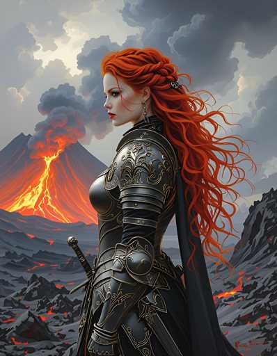 A woman with red hair and a black dress stands in front of a large volcano, holding a sword and shield. The background is filled with smoke from the volcano's crater, creating an intense and dramatic scene.