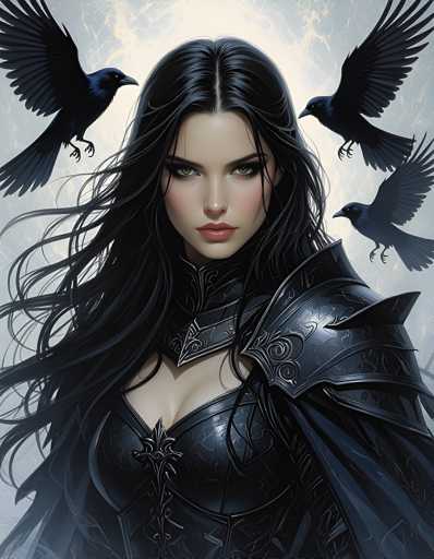 The image depicts a woman with long dark hair wearing a black dress and a crown on her head. She is standing against a gray background that features four black birds flying around her. The woman's gaze is directed towards the viewer, creating an engaging visual narrative.