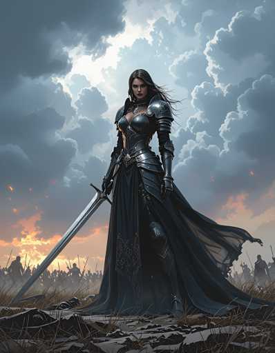 A woman dressed as a medieval princess stands on a rocky outcropping with her sword raised high above her head and her cape billowing behind her. The sky is filled with clouds, casting an ethereal glow over the scene.