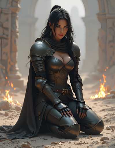 A woman dressed as a medieval princess kneels on a rocky path, her hands resting on her knees and her head bowed in prayer. She wears a black leather outfit that includes a corset, breastplate, and chainmail armor, with a long cape billowing behind her. The scene is set against the backdrop of an ancient stone archway, with fire burning brightly at its base.