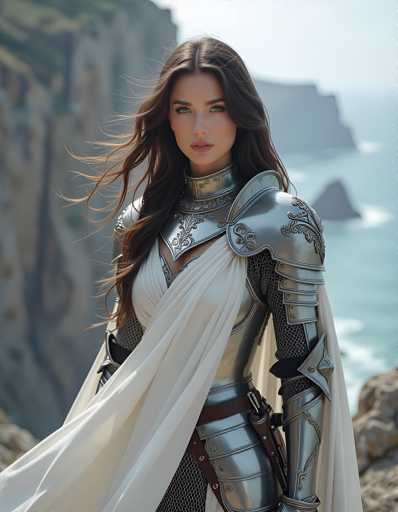 A woman dressed as a medieval princess stands on a cliff overlooking the ocean. She is wearing a white tunic with a black belt and a silver helmet adorned with a gold emblem. The backdrop features a rocky cliff face and the vast expanse of the ocean beyond.