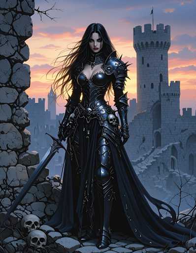 A woman dressed as a medieval princess stands on a stone wall with her sword raised high above her head and her cape flowing behind her. The castle she is standing in front of has a tower on the right side of the image.