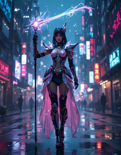 A woman dressed as a fairy stands on a wet street at night, holding a sword and surrounded by neon signs and buildings with reflective windows that glow against the dark sky.