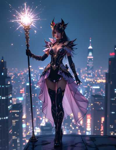 A woman dressed as a fairy stands on a rooftop at night, holding a wand and surrounded by the city skyline of New York City.